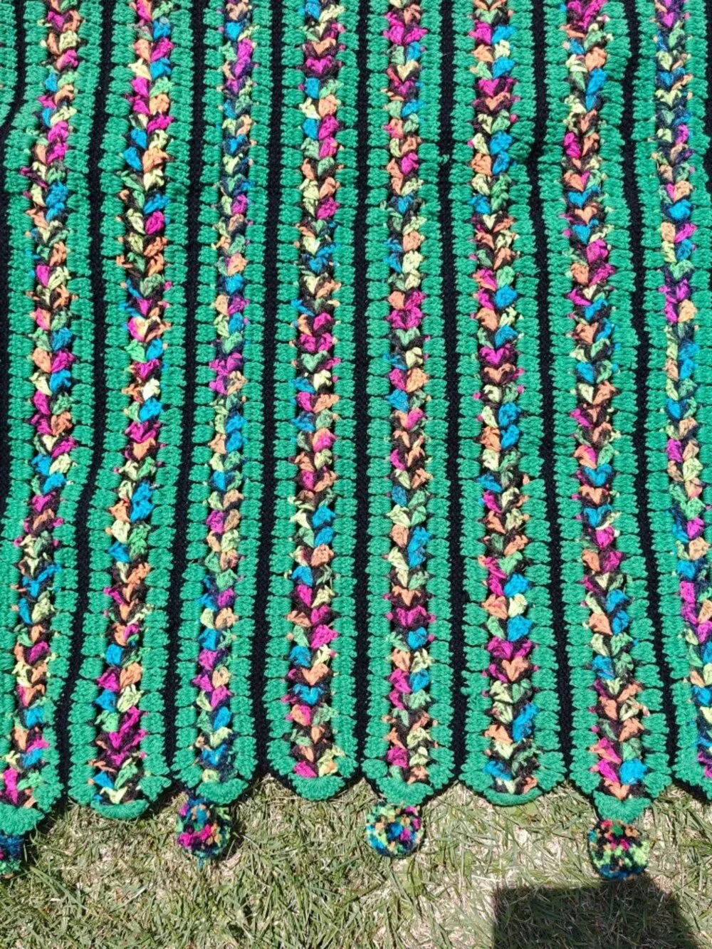 Vintage Handmade Crochet Afghan Throw Blanket Green Multicolor Striped Pom-Pom